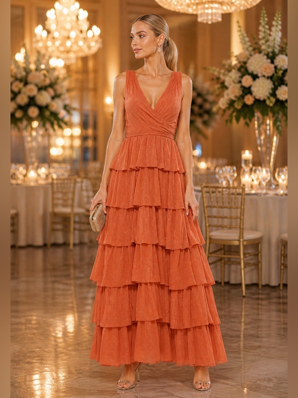 MAC DUGGAL Swiss Dot Ruffle Tiered Maxi Dress Size 12